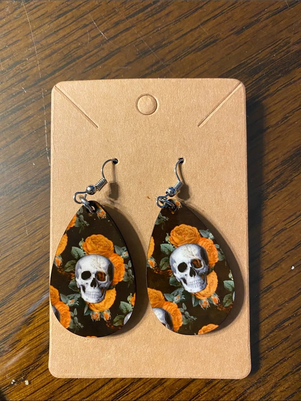 Skull & Orange Rose Teardrop Earrings